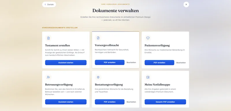 Alle Vorsorge-Dokumente verwalten und als PDF erstellen im Notfalltresor