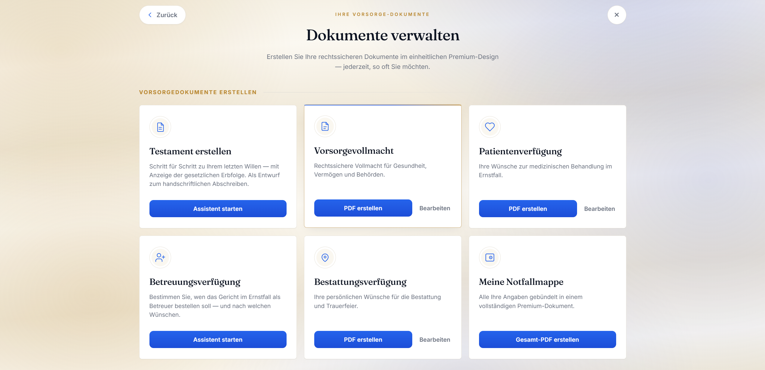 Alle Vorsorge-Dokumente verwalten und als PDF erstellen im Notfalltresor
