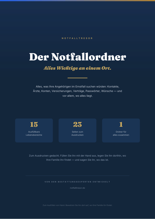 Deckblatt des Notfallordners von Notfalltresor: Der Notfallordner, Alles Wichtige an einem Ort
